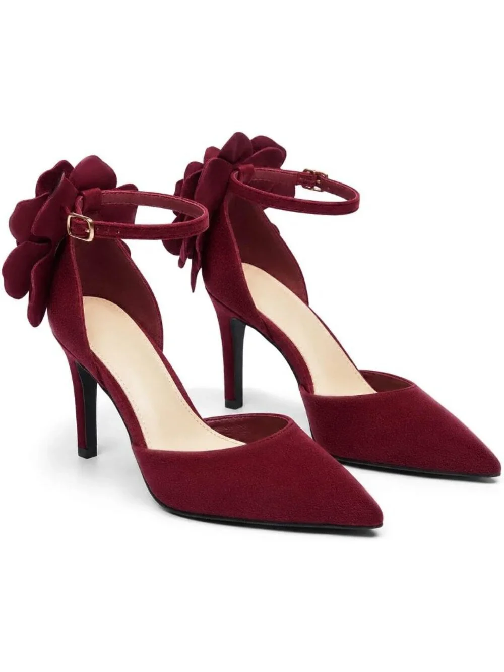 Women's Burgundy Closed Pointed Toe Heels Flower Ankle Strap Pumps Party Shoes